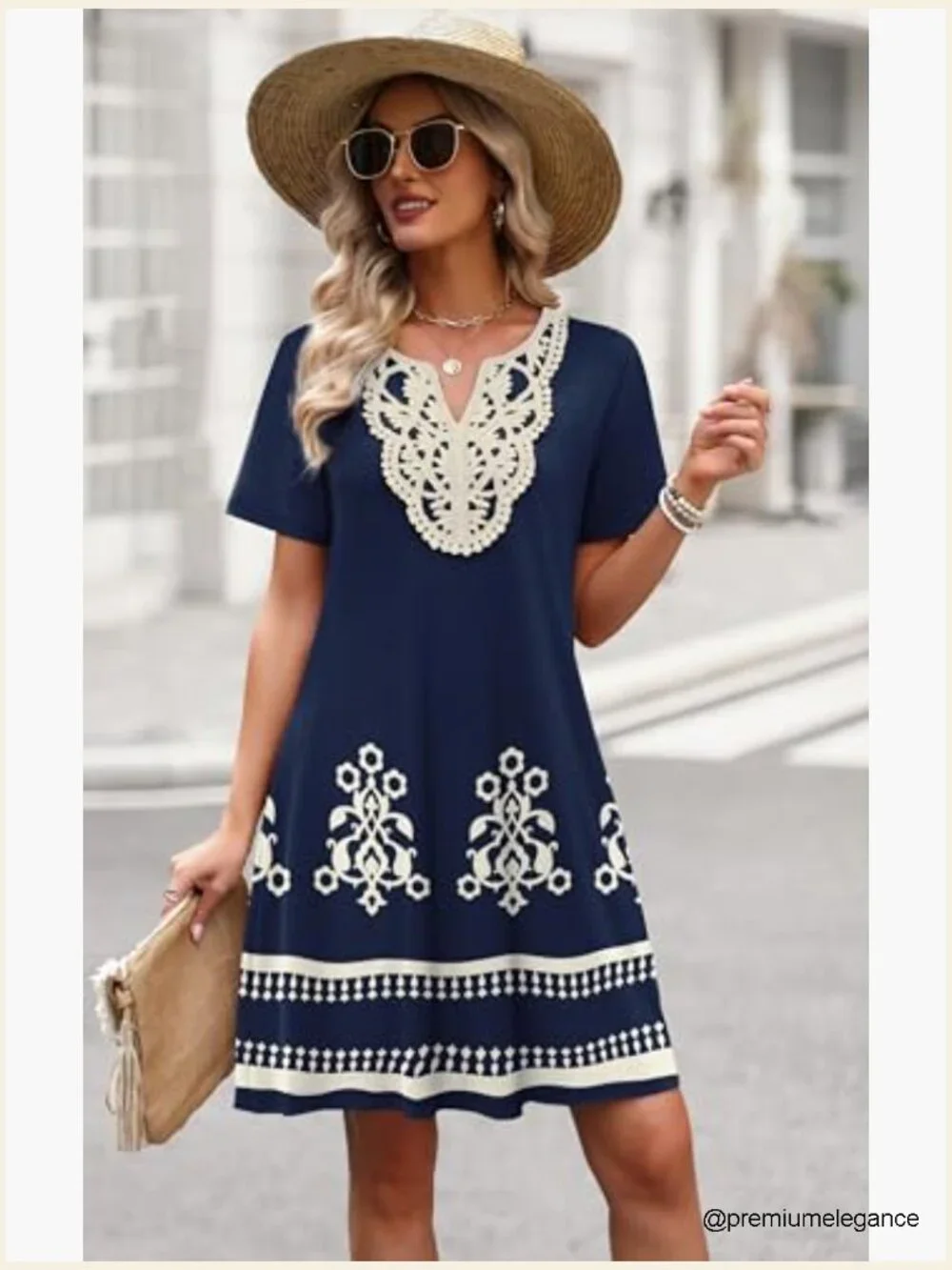 V-Neck Lace T-Shirt Dress, Polyester Spandex, Casual Wedding Guest Midi - Picture 3 of 7